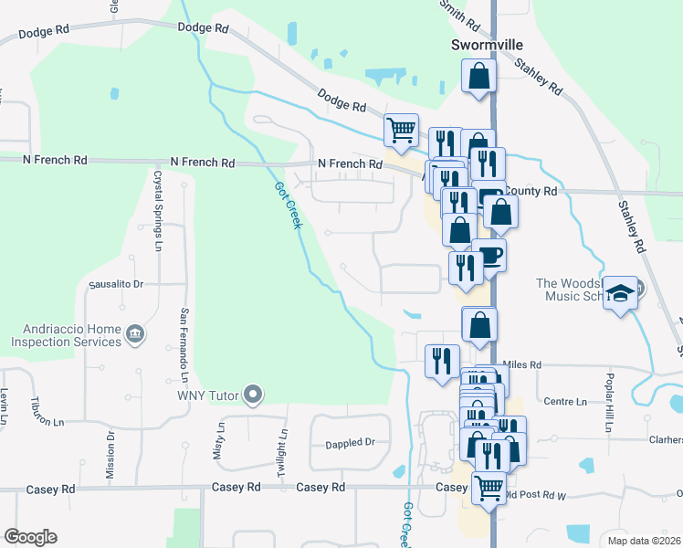 map of restaurants, bars, coffee shops, grocery stores, and more near 42 Insbrook Court in East Amherst