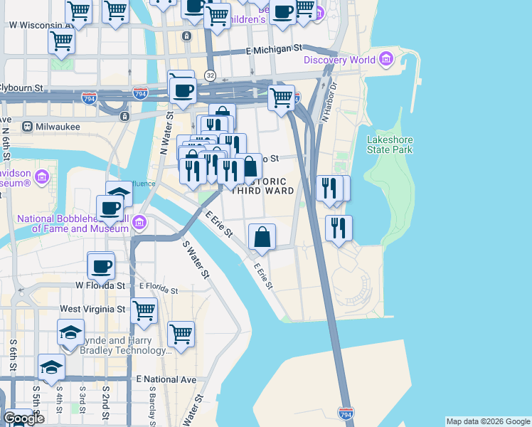 map of restaurants, bars, coffee shops, grocery stores, and more near 100 North Jackson Street in Milwaukee