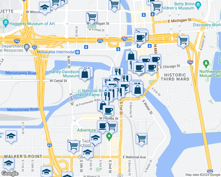 map of restaurants, bars, coffee shops, grocery stores, and more near 160 West Seeboth Street in Milwaukee