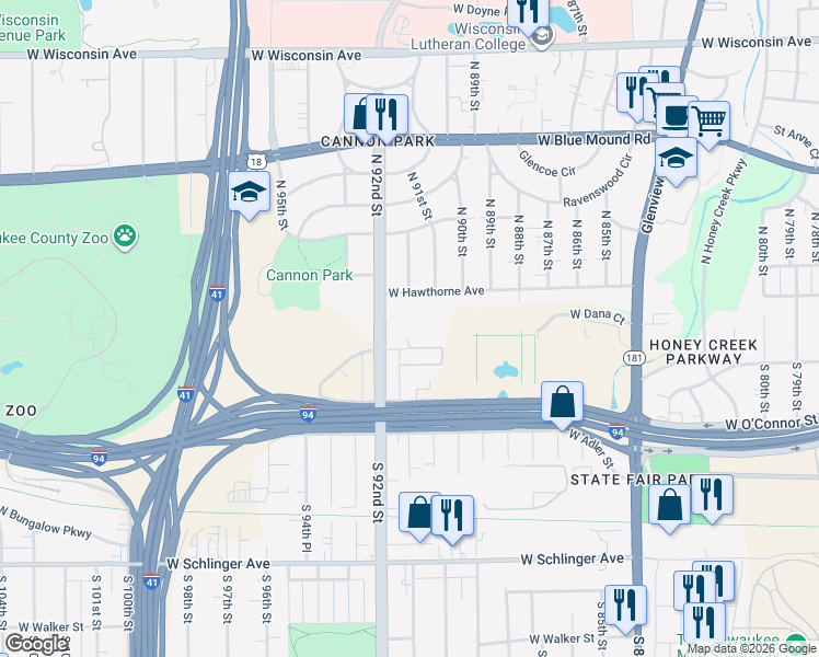 map of restaurants, bars, coffee shops, grocery stores, and more near 9142 West Dixon Street in Milwaukee