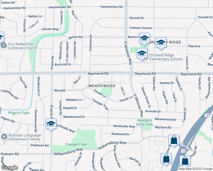 map of restaurants, bars, coffee shops, grocery stores, and more near 5817 Balsam Road in Madison