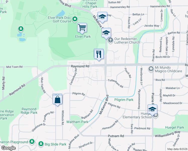 map of restaurants, bars, coffee shops, grocery stores, and more near 10 North Wickham Court in Madison