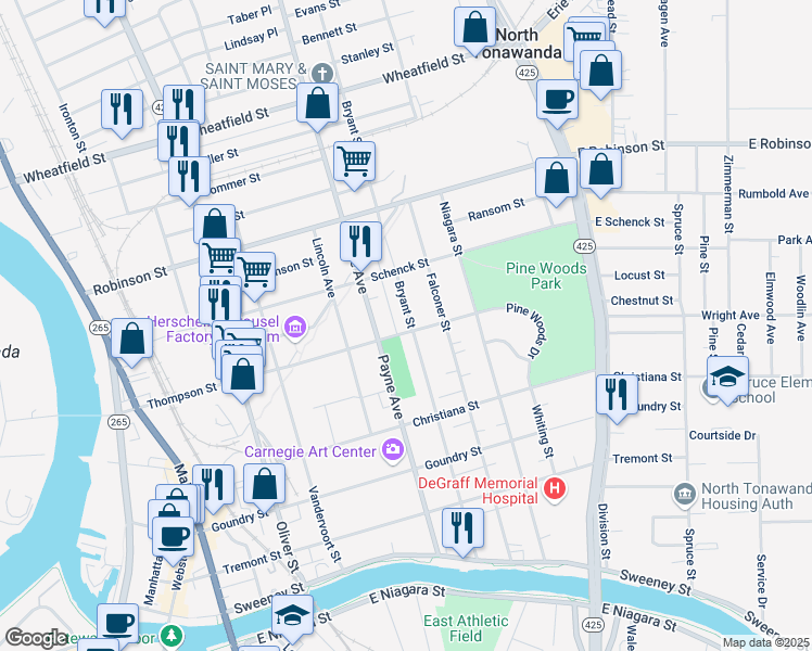 map of restaurants, bars, coffee shops, grocery stores, and more near 300 Thompson Street in North Tonawanda