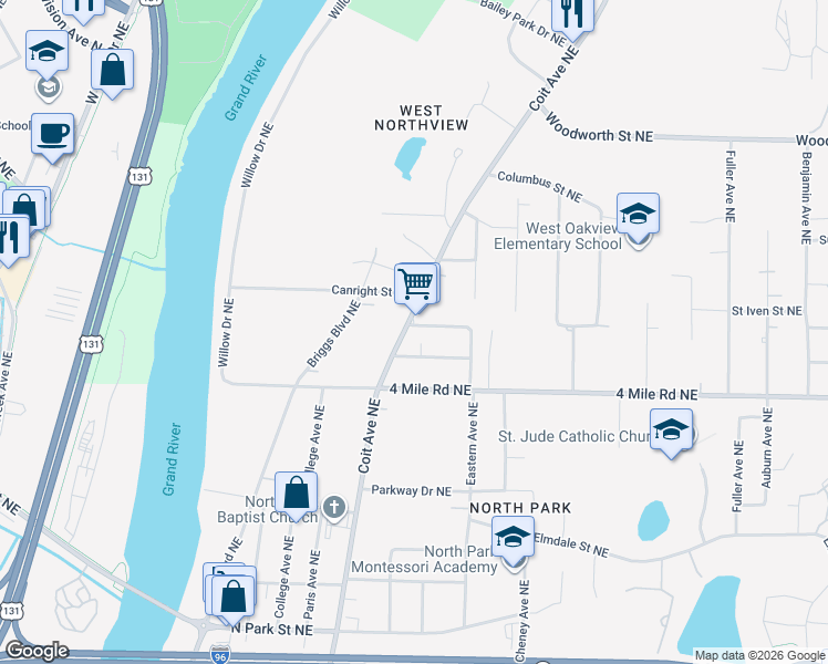 map of restaurants, bars, coffee shops, grocery stores, and more near 3652 Coit Avenue Northeast in Grand Rapids