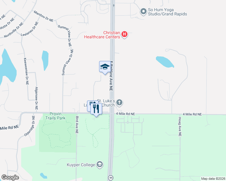 map of restaurants, bars, coffee shops, grocery stores, and more near 3642 East Beltline Avenue Northeast in Grand Rapids