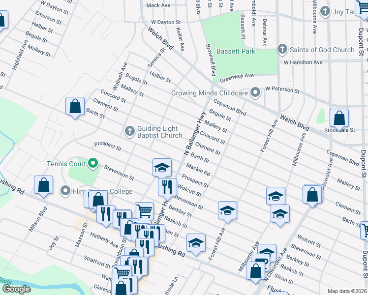 map of restaurants, bars, coffee shops, grocery stores, and more near 1501 North Ballenger Highway in Flint