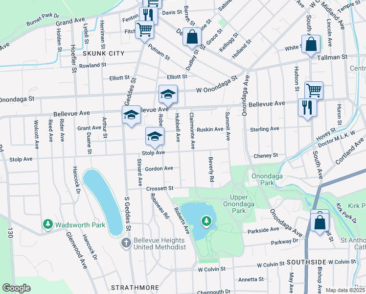 map of restaurants, bars, coffee shops, grocery stores, and more near 320 Stolp Avenue in Syracuse