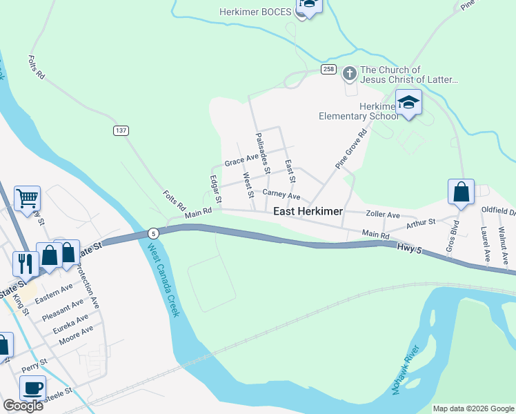 map of restaurants, bars, coffee shops, grocery stores, and more near 183 Main Road in Herkimer