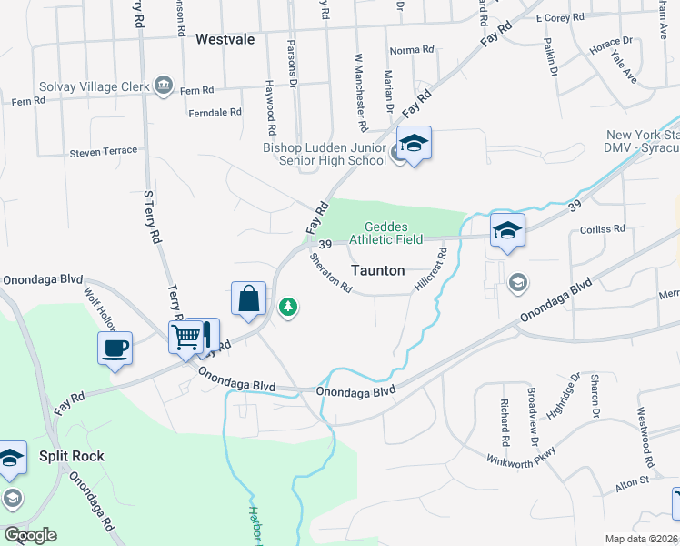 map of restaurants, bars, coffee shops, grocery stores, and more near 126 Sheraton Road in Syracuse