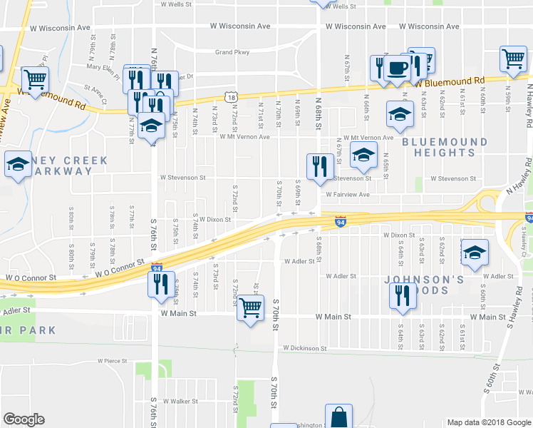 map of restaurants, bars, coffee shops, grocery stores, and more near 144 South 71st Street in Milwaukee