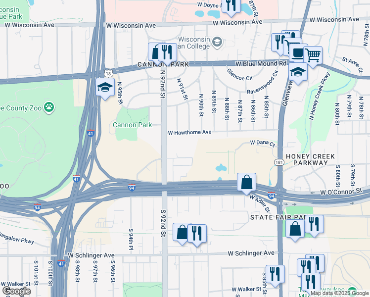 map of restaurants, bars, coffee shops, grocery stores, and more near 9102 West Dixon Street in Milwaukee