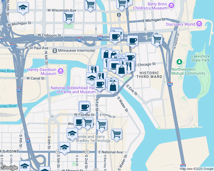 map of restaurants, bars, coffee shops, grocery stores, and more near 130 South Water Street in Milwaukee