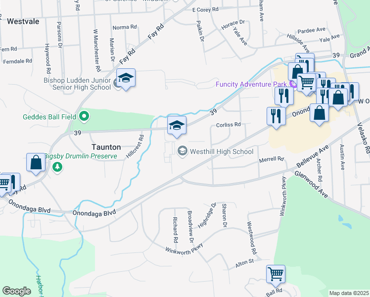 map of restaurants, bars, coffee shops, grocery stores, and more near 4501 Onondaga Boulevard in Syracuse