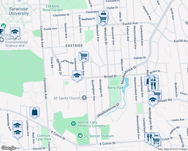 map of restaurants, bars, coffee shops, grocery stores, and more near 259-61 Buckingham Avenue in Syracuse