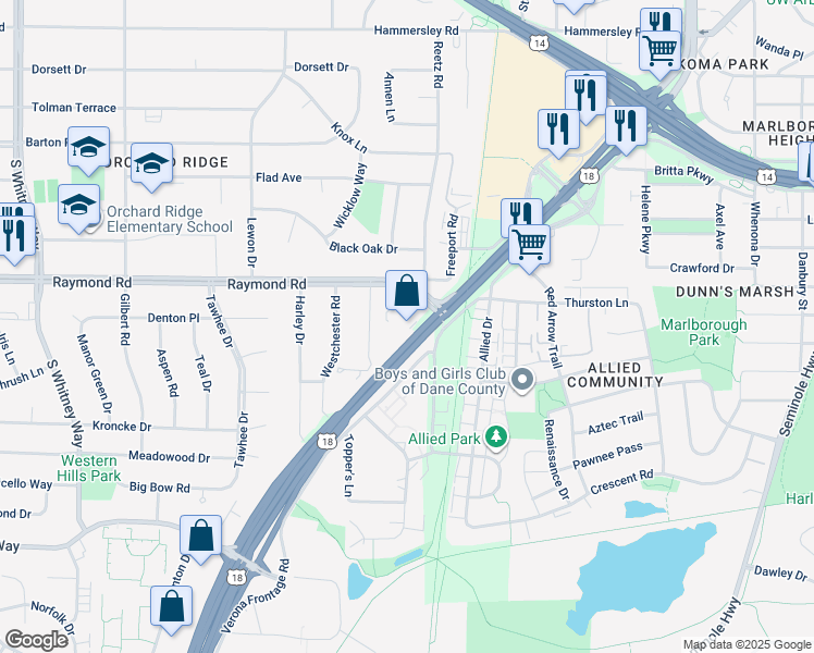 map of restaurants, bars, coffee shops, grocery stores, and more near 4918 Verona Road in Fitchburg