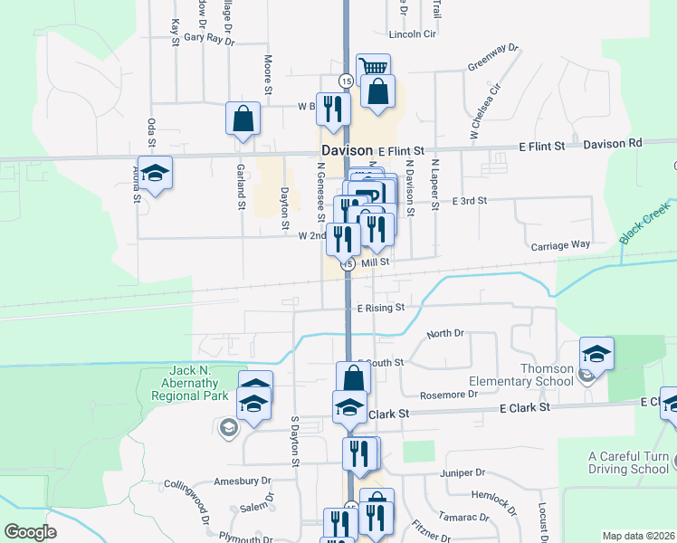 map of restaurants, bars, coffee shops, grocery stores, and more near 109 North State Road in Davison
