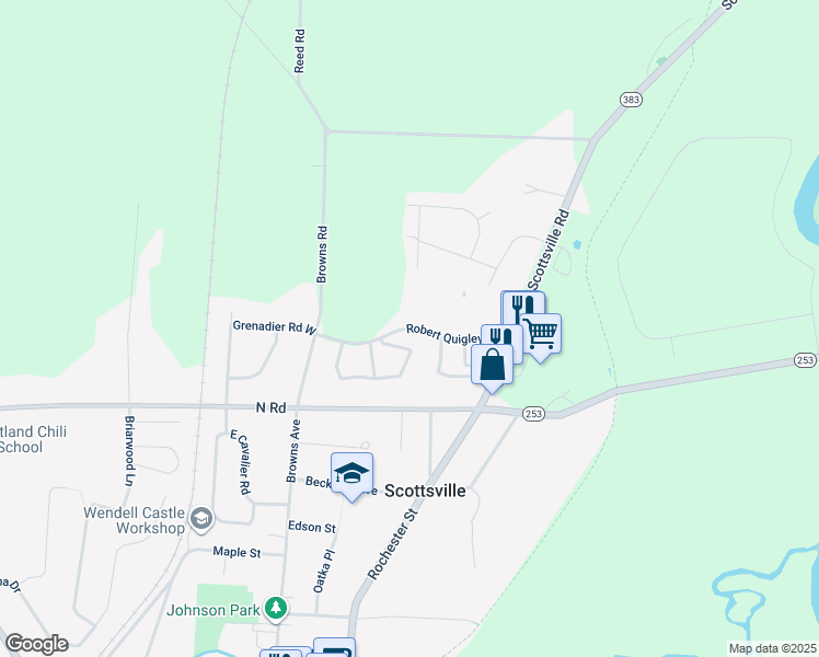 map of restaurants, bars, coffee shops, grocery stores, and more near Robert Quigley Drive in Scottsville
