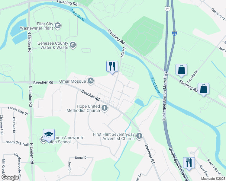 map of restaurants, bars, coffee shops, grocery stores, and more near 2101 Mill Road in Flint