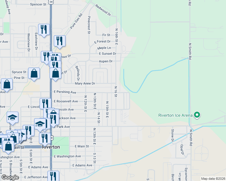 map of restaurants, bars, coffee shops, grocery stores, and more near 1518 East Pershing Avenue in Riverton