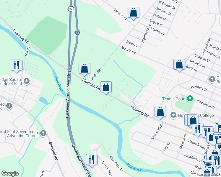 map of restaurants, bars, coffee shops, grocery stores, and more near G3500 Flushing Road in Flint