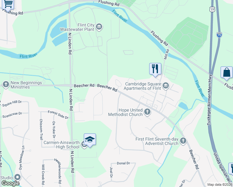 map of restaurants, bars, coffee shops, grocery stores, and more near 4625 Beecher Road in Flint