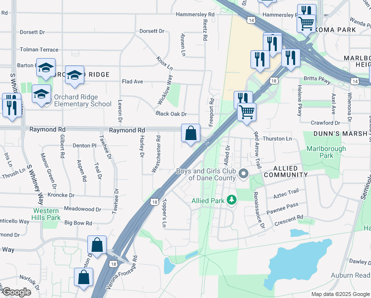 map of restaurants, bars, coffee shops, grocery stores, and more near 4918 Verona Road in Fitchburg