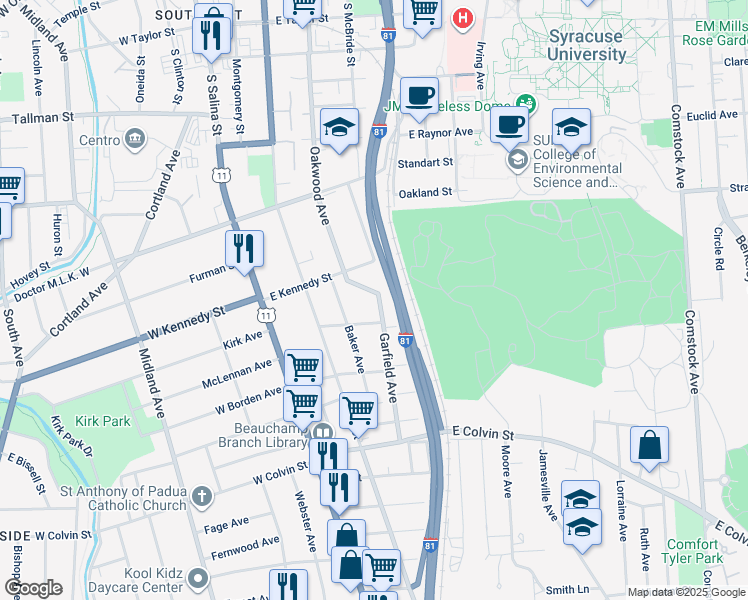 map of restaurants, bars, coffee shops, grocery stores, and more near 642 Oakwood Avenue in Syracuse