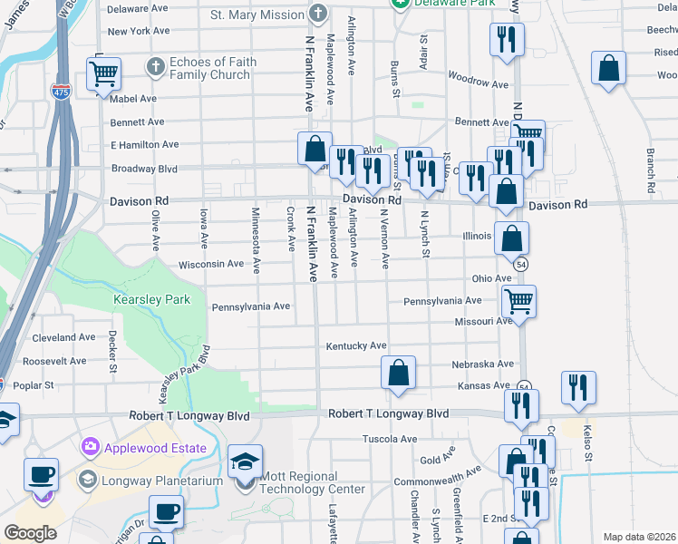 map of restaurants, bars, coffee shops, grocery stores, and more near 1510 Maplewood Avenue in Flint