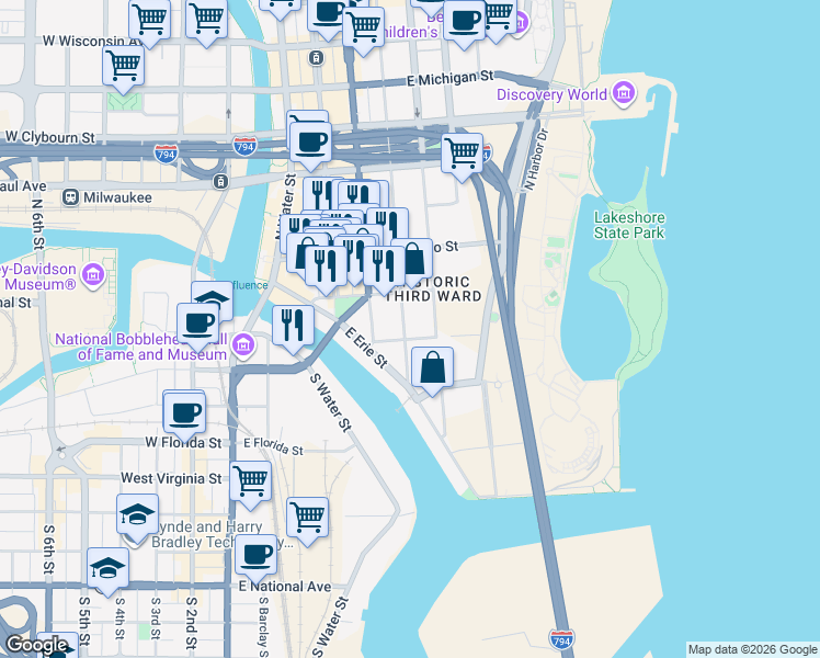 map of restaurants, bars, coffee shops, grocery stores, and more near 132 North Jefferson Street in Milwaukee