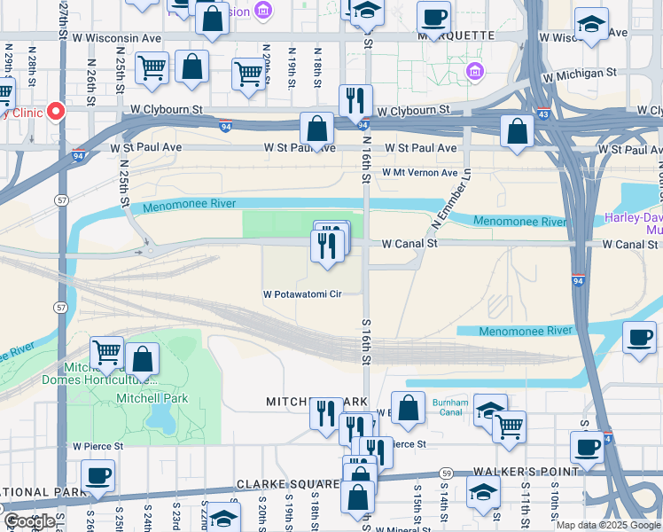 map of restaurants, bars, coffee shops, grocery stores, and more near 1721 West Canal Street in Milwaukee