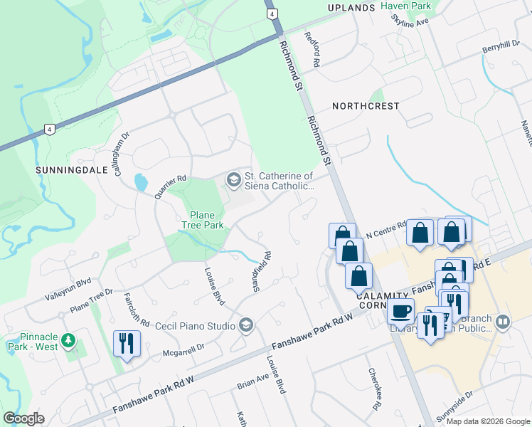 map of restaurants, bars, coffee shops, grocery stores, and more near 135 Plane Tree Drive in London