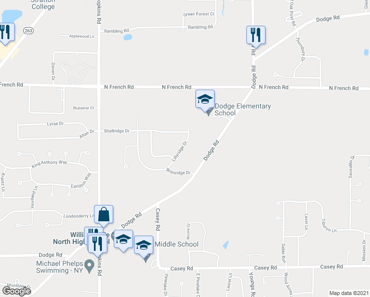 map of restaurants, bars, coffee shops, grocery stores, and more near 67 Lillyridge Drive in East Amherst