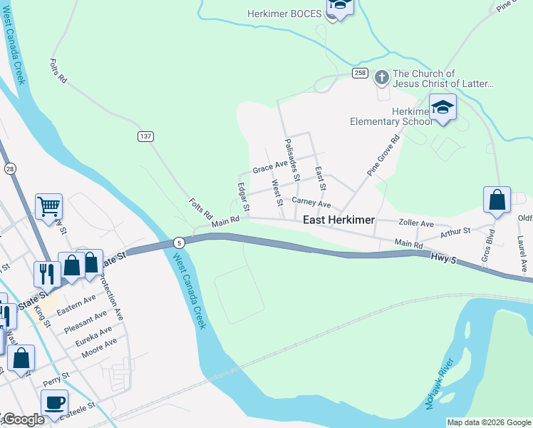 map of restaurants, bars, coffee shops, grocery stores, and more near 165 Main Road in Herkimer