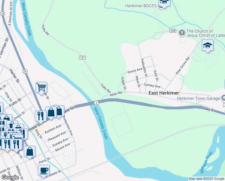 map of restaurants, bars, coffee shops, grocery stores, and more near 104 Folts Rd in Herkimer