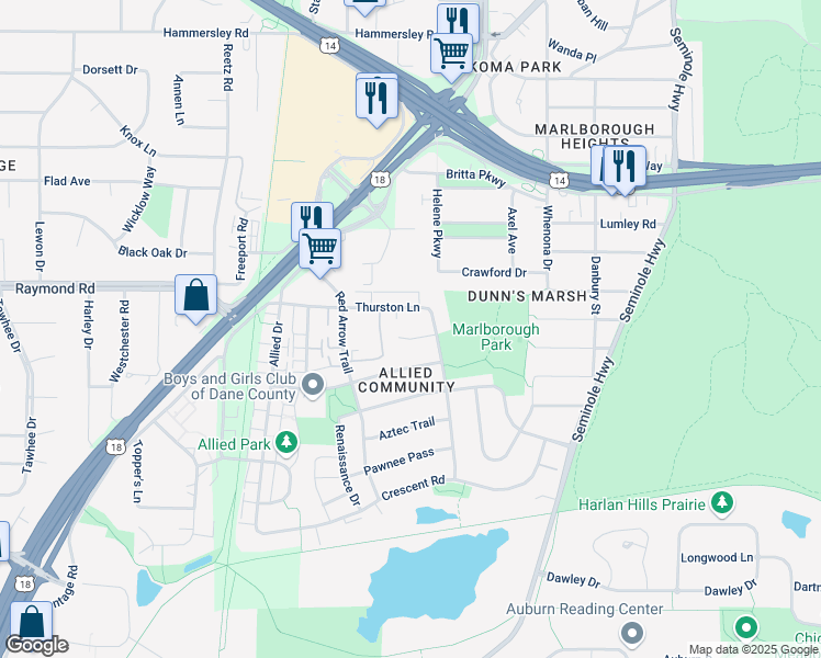 map of restaurants, bars, coffee shops, grocery stores, and more near 4510 Belmar Circle in Fitchburg