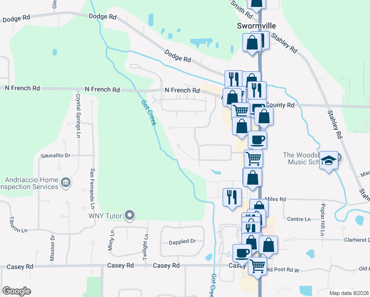 map of restaurants, bars, coffee shops, grocery stores, and more near 42 Insbrook Court in East Amherst