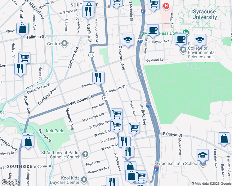 map of restaurants, bars, coffee shops, grocery stores, and more near 1508 South State Street in Syracuse