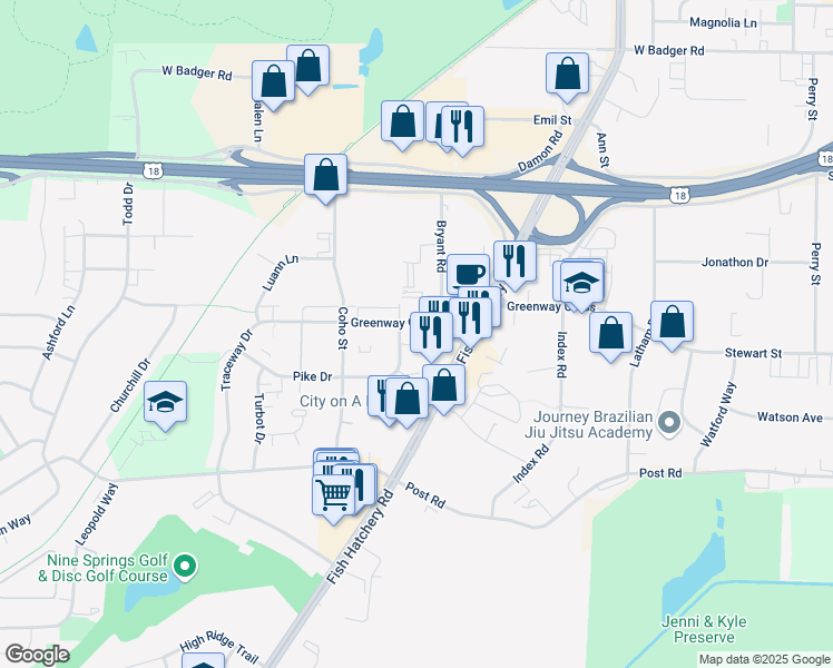 map of restaurants, bars, coffee shops, grocery stores, and more near 1807 Greenway Cross in Fitchburg