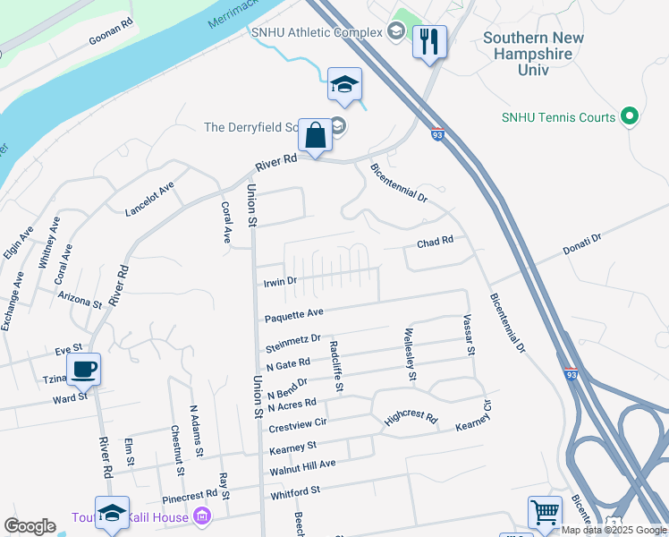 map of restaurants, bars, coffee shops, grocery stores, and more near 184 Irwin Drive in Manchester