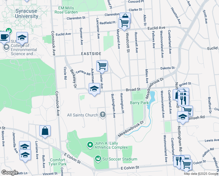 map of restaurants, bars, coffee shops, grocery stores, and more near 311 Broad Street in Syracuse