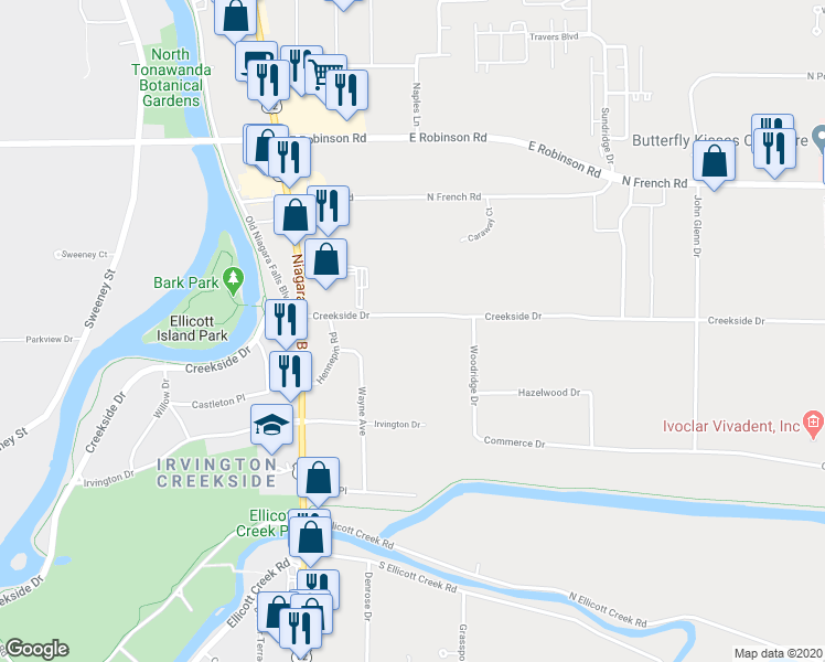 map of restaurants, bars, coffee shops, grocery stores, and more near 135 Creekside Drive in Erie County