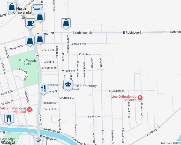 map of restaurants, bars, coffee shops, grocery stores, and more near 741 Wright Avenue in North Tonawanda