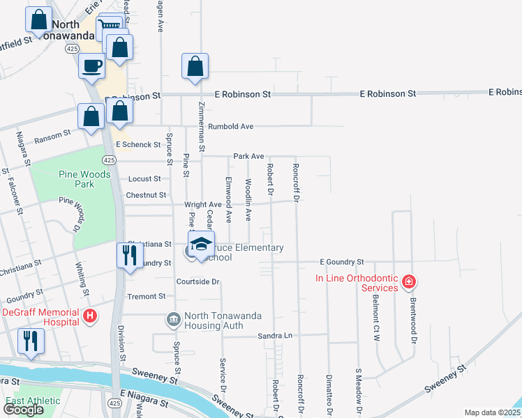 map of restaurants, bars, coffee shops, grocery stores, and more near 741 Wright Avenue in North Tonawanda