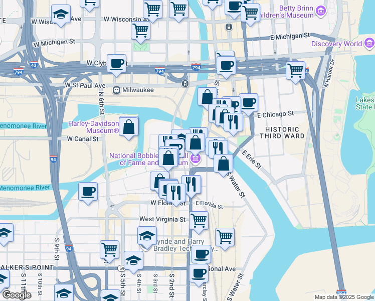 map of restaurants, bars, coffee shops, grocery stores, and more near 160 West Seeboth Street in Milwaukee