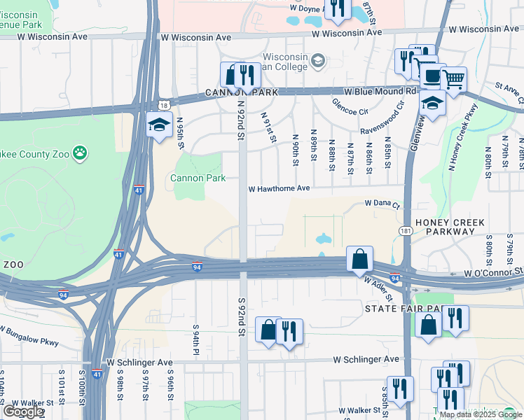 map of restaurants, bars, coffee shops, grocery stores, and more near 9142 West Dixon Street in Milwaukee