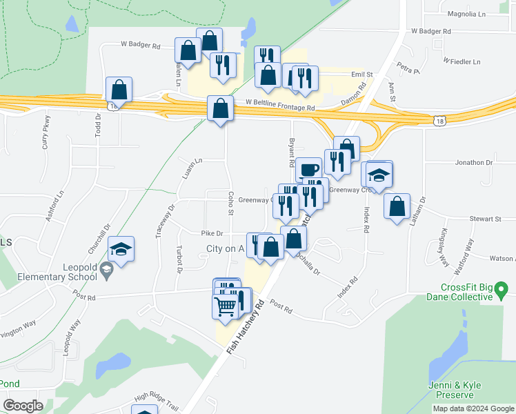 map of restaurants, bars, coffee shops, grocery stores, and more near 1911 Greenway Cross in Fitchburg