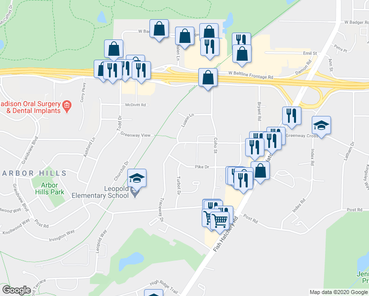 map of restaurants, bars, coffee shops, grocery stores, and more near 2837 Traceway Drive in Madison