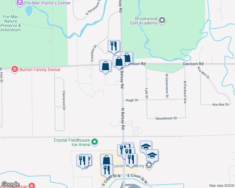 map of restaurants, bars, coffee shops, grocery stores, and more near 1423 North Belsay Road in Burton