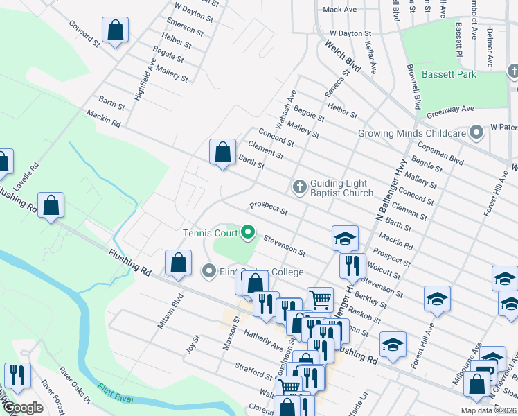 map of restaurants, bars, coffee shops, grocery stores, and more near 3235 Prospect Street in Flint