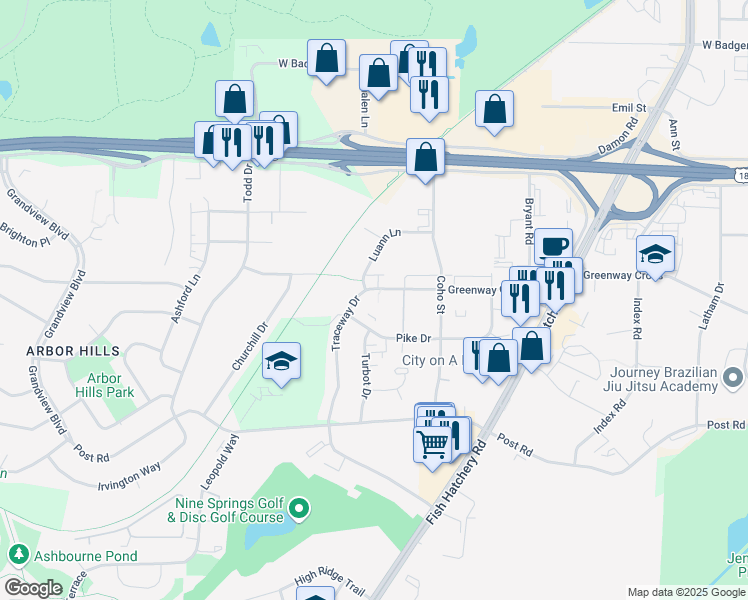 map of restaurants, bars, coffee shops, grocery stores, and more near 2035 Greenway Cross in Fitchburg